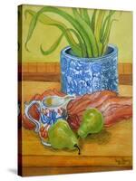 Blue and White Pot, Jug and Pears-Joan Thewsey-Stretched Canvas