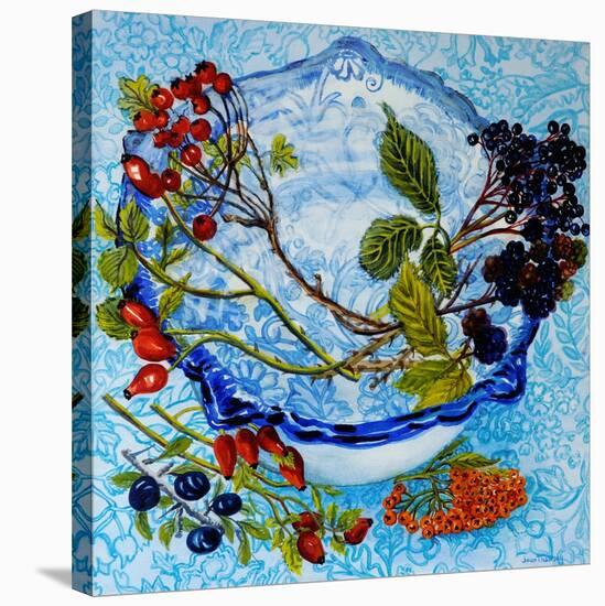 Blue Antique Bowl with Berries, 2010-Joan Thewsey-Stretched Canvas