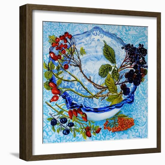Blue Antique Bowl with Berries, 2010-Joan Thewsey-Framed Giclee Print
