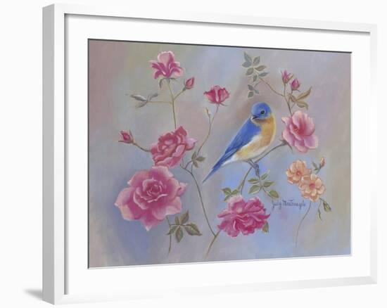 Blue Bird in Roses-Judy Mastrangelo-Framed Giclee Print