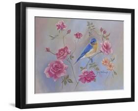 Blue Bird in Roses-Judy Mastrangelo-Framed Giclee Print