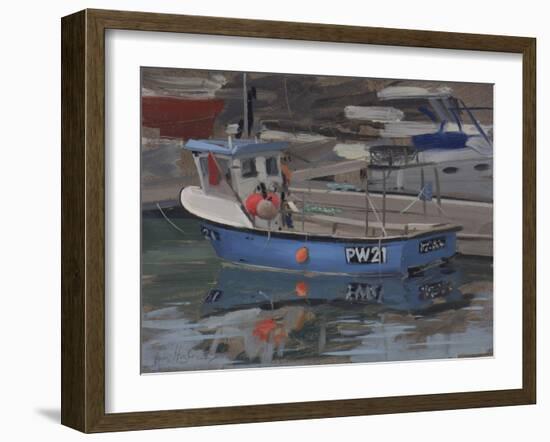 Blue Boat with Red Flag, Padstow, January-Tom Hughes-Framed Giclee Print