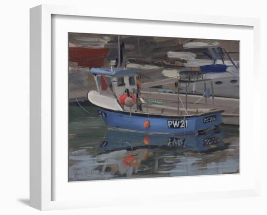 Blue Boat with Red Flag, Padstow, January-Tom Hughes-Framed Giclee Print