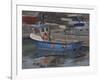 Blue Boat with Red Flag, Padstow, January-Tom Hughes-Framed Giclee Print