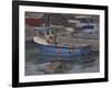 Blue Boat with Red Flag, Padstow, January-Tom Hughes-Framed Giclee Print