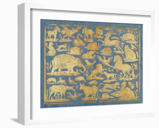 Blue Brocade Paper Decorated with Gold Animals, C. 1750-1800. Leaf Includes Domesticated and Wild M-Everett - Art-Framed Art Print