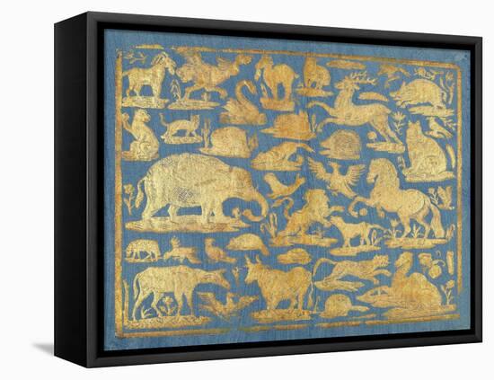 Blue Brocade Paper Decorated with Gold Animals, C. 1750-1800. Leaf Includes Domesticated and Wild M-Everett - Art-Framed Stretched Canvas