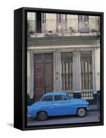 Blue Car Parked Outside a Shabby House in Old Havana, Cuba, West Indies, Central America-Mawson Mark-Framed Stretched Canvas