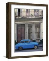 Blue Car Parked Outside a Shabby House in Old Havana, Cuba, West Indies, Central America-Mawson Mark-Framed Photographic Print