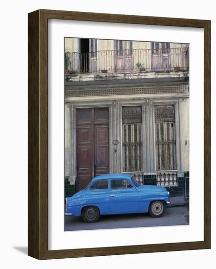 Blue Car Parked Outside a Shabby House in Old Havana, Cuba, West Indies, Central America-Mawson Mark-Framed Photographic Print