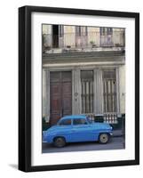 Blue Car Parked Outside a Shabby House in Old Havana, Cuba, West Indies, Central America-Mawson Mark-Framed Photographic Print