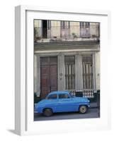 Blue Car Parked Outside a Shabby House in Old Havana, Cuba, West Indies, Central America-Mawson Mark-Framed Photographic Print