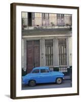 Blue Car Parked Outside a Shabby House in Old Havana, Cuba, West Indies, Central America-Mawson Mark-Framed Photographic Print