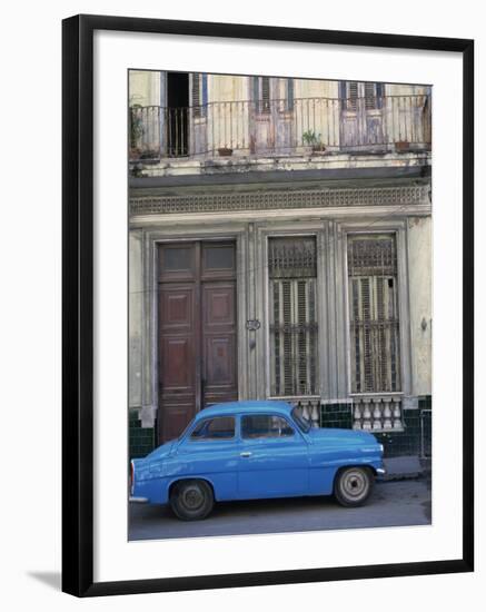 Blue Car Parked Outside a Shabby House in Old Havana, Cuba, West Indies, Central America-Mawson Mark-Framed Photographic Print