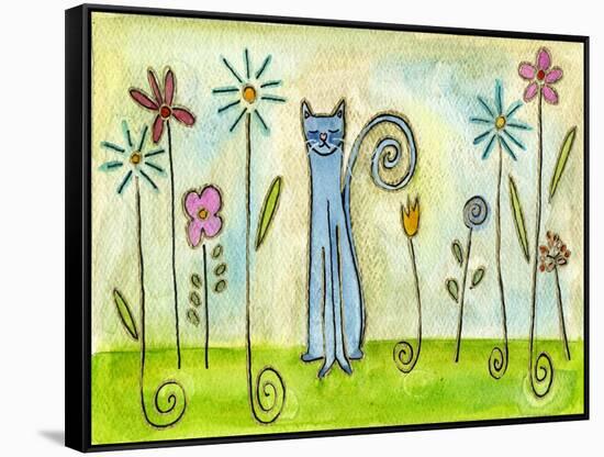 Blue Cat in the Flower Garden-Wyanne-Framed Stretched Canvas