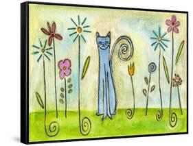 Blue Cat in the Flower Garden-Wyanne-Framed Stretched Canvas