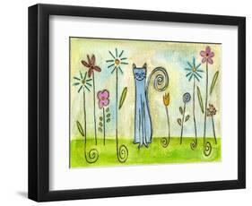 Blue Cat in the Flower Garden-Wyanne-Framed Premium Giclee Print