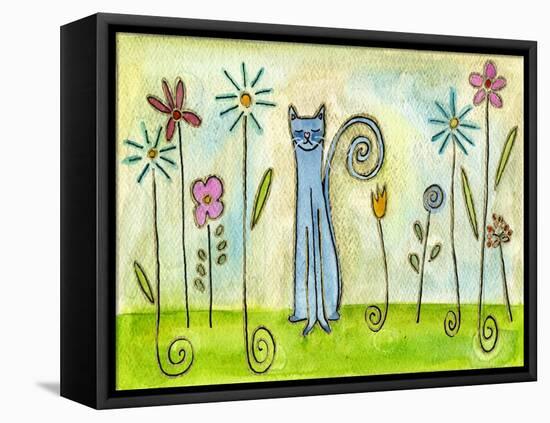 Blue Cat in the Flower Garden-Wyanne-Framed Stretched Canvas