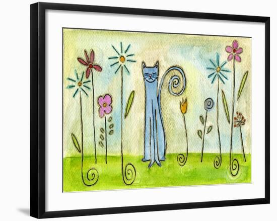 Blue Cat in the Flower Garden-Wyanne-Framed Giclee Print