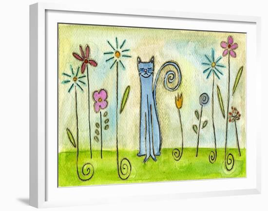 Blue Cat in the Flower Garden-Wyanne-Framed Giclee Print