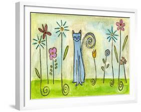 Blue Cat in the Flower Garden-Wyanne-Framed Giclee Print