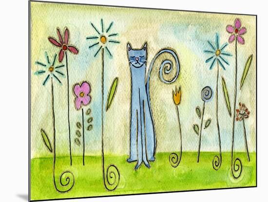 Blue Cat in the Flower Garden-Wyanne-Mounted Giclee Print