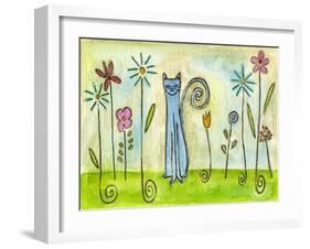 Blue Cat in the Flower Garden-Wyanne-Framed Giclee Print