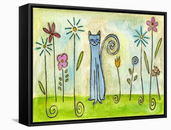 Blue Cat in the Flower Garden-Wyanne-Framed Stretched Canvas