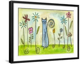 Blue Cat in the Flower Garden-Wyanne-Framed Premium Giclee Print