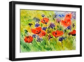 Blue Cornflowers And Red Poppies-Pol Ledent-Framed Art Print