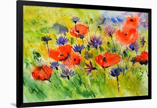 Blue Cornflowers And Red Poppies-Pol Ledent-Framed Art Print