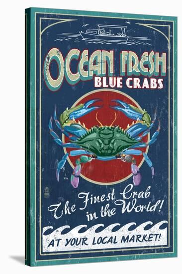 Blue Crabs - Vintage Sign-Lantern Press-Stretched Canvas