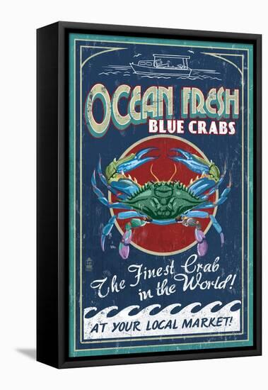 Blue Crabs - Vintage Sign-Lantern Press-Framed Stretched Canvas