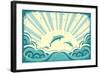 Blue Dolphins Jumping In Sea In Summer Day-GeraKTV-Framed Art Print