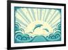 Blue Dolphins Jumping In Sea In Summer Day-GeraKTV-Framed Art Print