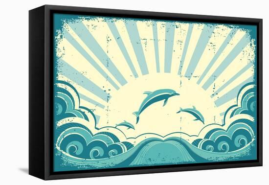 Blue Dolphins Jumping In Sea In Summer Day-GeraKTV-Framed Stretched Canvas