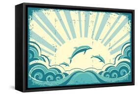 Blue Dolphins Jumping In Sea In Summer Day-GeraKTV-Framed Stretched Canvas
