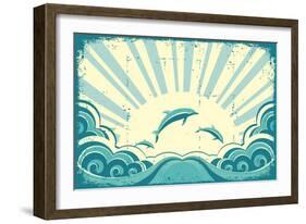 Blue Dolphins Jumping In Sea In Summer Day-GeraKTV-Framed Art Print