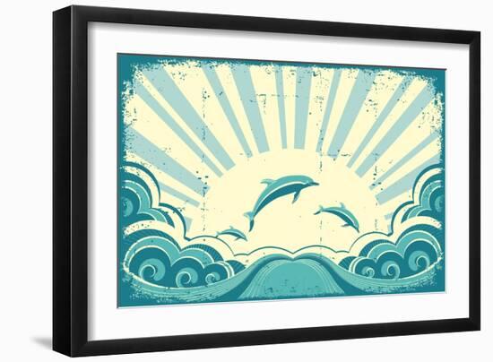 Blue Dolphins Jumping In Sea In Summer Day-GeraKTV-Framed Art Print