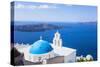 Blue Dome and Bell Tower Above Aegean Sea-Neale Clark-Stretched Canvas