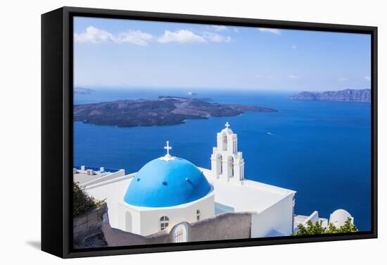 Blue Dome and Bell Tower Above Aegean Sea-Neale Clark-Framed Stretched Canvas