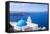 Blue Dome and Bell Tower Above Aegean Sea-Neale Clark-Framed Stretched Canvas