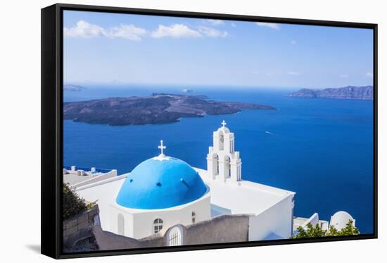 Blue Dome and Bell Tower Above Aegean Sea-Neale Clark-Framed Stretched Canvas