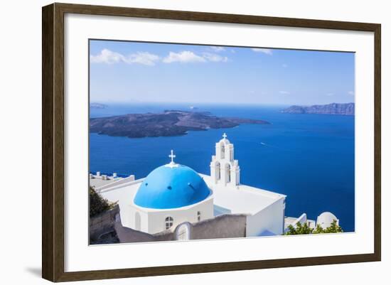 Blue Dome and Bell Tower Above Aegean Sea-Neale Clark-Framed Photographic Print