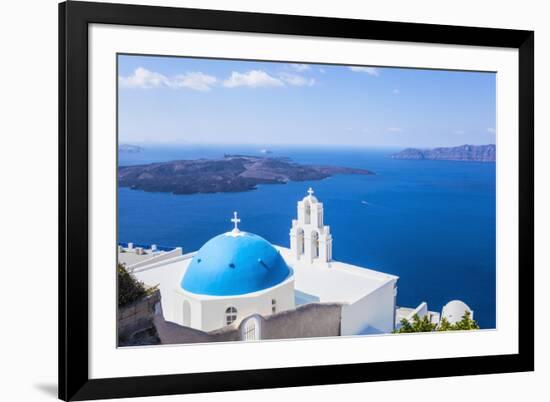 Blue Dome and Bell Tower Above Aegean Sea-Neale Clark-Framed Photographic Print