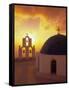 Blue Dome Church and Bell Tower, Santorini, Greece-Walter Bibikow-Framed Stretched Canvas
