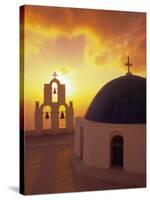 Blue Dome Church and Bell Tower, Santorini, Greece-Walter Bibikow-Stretched Canvas