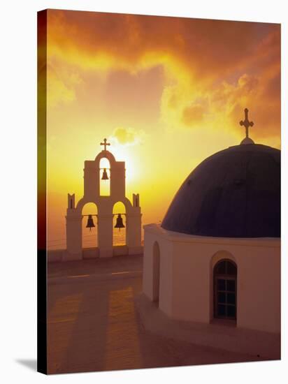 Blue Dome Church and Bell Tower, Santorini, Greece-Walter Bibikow-Stretched Canvas