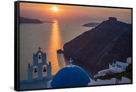 Blue dome church and famous three bells with cross and steeple in Fira, Santorini, Greece.-Michele Niles-Framed Stretched Canvas