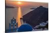 Blue dome church and famous three bells with cross and steeple in Fira, Santorini, Greece.-Michele Niles-Stretched Canvas